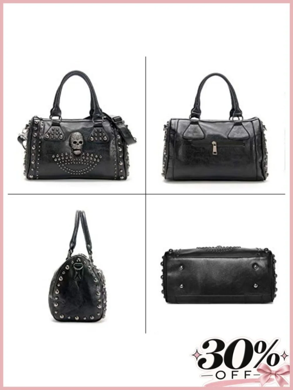 Gothic Skull Shoulder Bag Faux Leather Large Capacity Handbag with Studs